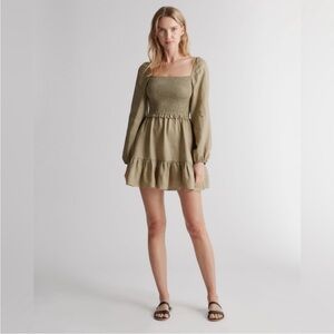 Quince 100% European Linen Smocked Tiered Babydoll Mini Dress Washed Olive M